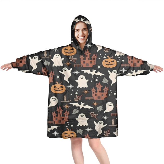 Wearable Oversized Blanket,Halloween Ghosts Castles and Pumpkins Wearable Blanket Hoodie for Adults,Cozy Hooded Blankets with Super Pockets,Super Warm Fuzzy Pullover for Women & Men