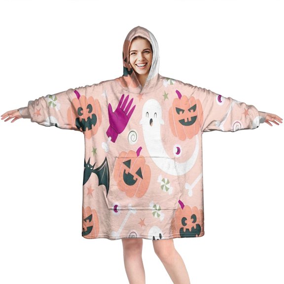 Wearable Oversized Blanket,Halloween Ghosts Pumpkins and Bats Wearable Blanket Hoodie for Adults,Cozy Hooded Blankets with Super Pockets,Super Warm Fuzzy Pullover for Women & Men