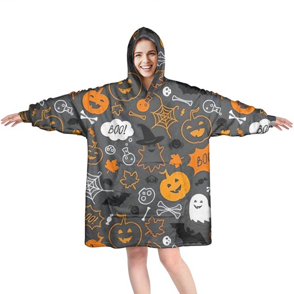 Wearable Oversized Blanket,Halloween Ghosts Pumpkins and Bats Wearable Blanket Hoodie for Adults,Cozy Hooded Blankets with Super Pockets,Super Warm Fuzzy Pullover for Women & Men