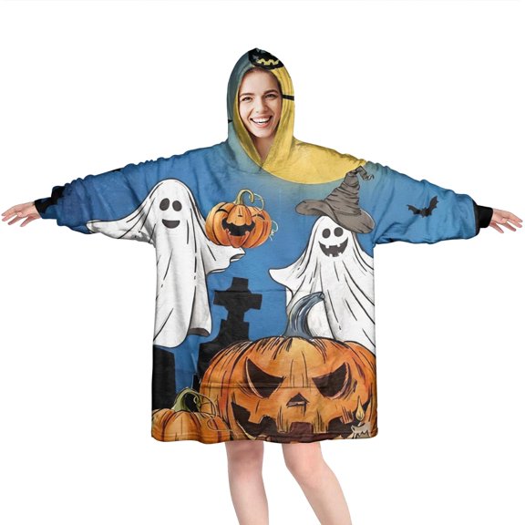 Wearable Oversized Blanket,Halloween Ghosts and Pumpkins in Graveyard Wearable Blanket Hoodie for Adults,Cozy Hooded Blankets with Super Pockets,Super Warm Fuzzy Pullover for Women & Men