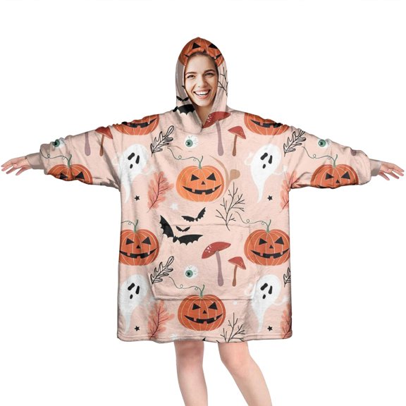 Wearable Oversized Blanket,Halloween Ghosts and Pumpkins Pattern Wearable Blanket Hoodie for Adults,Cozy Hooded Blankets with Super Pockets,Super Warm Fuzzy Pullover for Women & Men