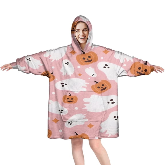 Wearable Oversized Blanket,Halloween Ghosts and Pumpkins Wearable Blanket Hoodie for Adults,Cozy Hooded Blankets with Super Pockets,Super Warm Fuzzy Pullover for Women & Men