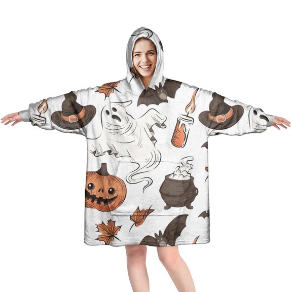 Wearable Oversized Blanket,Halloween Ghosts Pumpkins and Witch Hats Wearable Blanket Hoodie for Adults,Cozy Hooded Blankets with Super Pockets,Super Warm Fuzzy Pullover for Women & Men