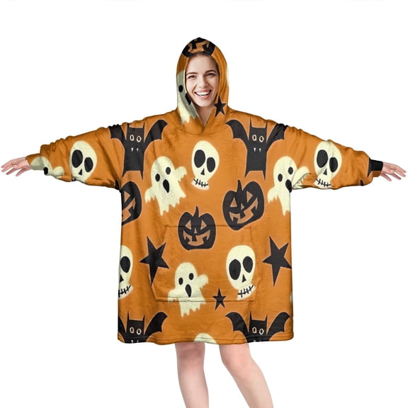 Wearable Oversized Blanket,Halloween Ghosts Skulls Bats and Pumpkins Wearable Blanket Hoodie for Adults,Cozy Hooded Blankets with Super Pockets,Super Warm Fuzzy Pullover for Women & Men