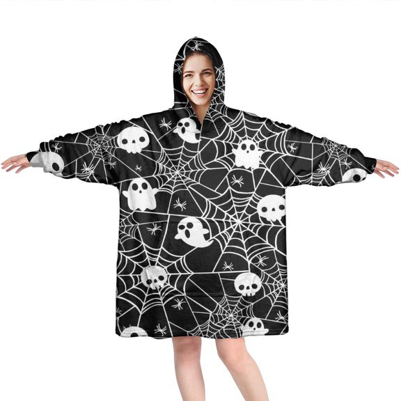 Wearable Oversized Blanket,Halloween Ghosts and Skulls in Spider Webs Wearable Blanket Hoodie for Adults,Cozy Hooded Blankets with Super Pockets,Super Warm Fuzzy Pullover for Women & Men