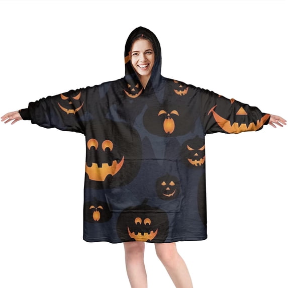 Wearable Oversized Blanket,Halloween Glowing Pumpkins Pattern Wearable Blanket Hoodie for Adults,Cozy Hooded Blankets with Super Pockets,Super Warm Fuzzy Pullover for Women & Men