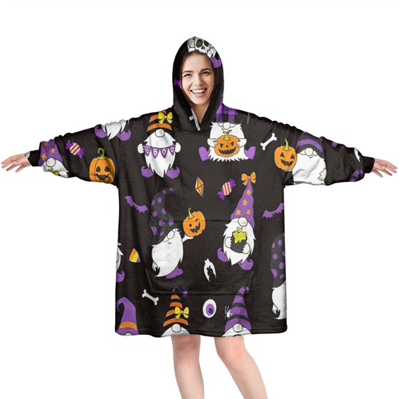 Wearable Oversized Blanket,Halloween Gnome Witches with Spooky Elements Wearable Blanket Hoodie for Adults,Cozy Hooded Blankets with Super Pockets,Super Warm Fuzzy Pullover for Women & Men