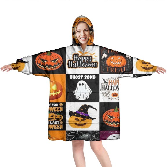 Wearable Oversized Blanket,Halloween Icons Collage Pattern Wearable Blanket Hoodie for Adults,Cozy Hooded Blankets with Super Pockets,Super Warm Fuzzy Pullover for Women & Men