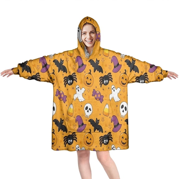 Wearable Oversized Blanket,Halloween Icons Pattern Wearable Blanket Hoodie for Adults,Cozy Hooded Blankets with Super Pockets,Super Warm Fuzzy Pullover for Women & Men