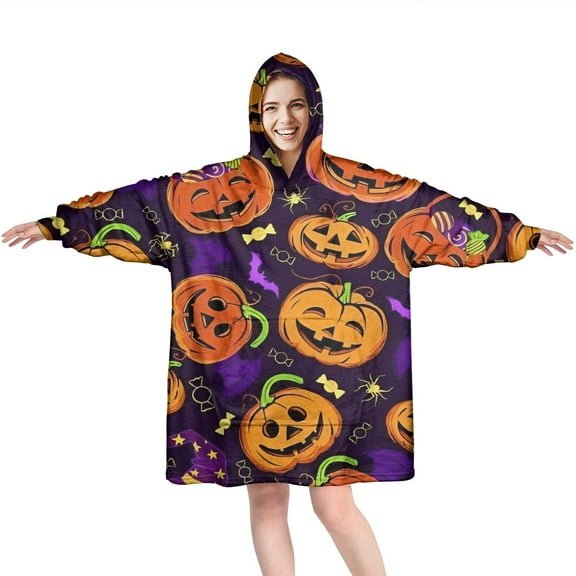 Wearable Oversized Blanket,Halloween Jack O Lanterns with Candy Wearable Blanket Hoodie for Adults,Cozy Hooded Blankets with Super Pockets,Super Warm Fuzzy Pullover for Women & Men