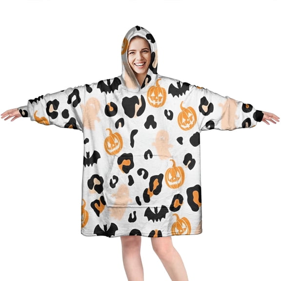 Wearable Oversized Blanket,Halloween Leopard Print Ghosts Bats and Pumpkins Wearable Blanket Hoodie for Adults,Cozy Hooded Blankets with Super Pockets,Super Warm Fuzzy Pullover for Women & Men