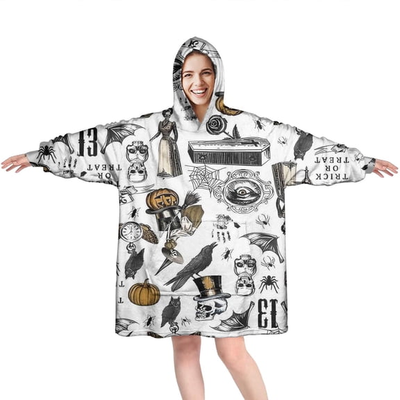 Wearable Oversized Blanket,Halloween Pattern Wearable Blanket Hoodie for Adults,Cozy Hooded Blankets with Super Pockets,Super Warm Fuzzy Pullover for Women & Men