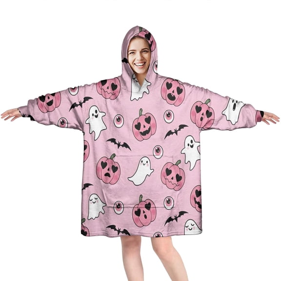 Wearable Oversized Blanket,Halloween Pink Ghosts and Heart Pumpkins Wearable Blanket Hoodie for Adults,Cozy Hooded Blankets with Super Pockets,Super Warm Fuzzy Pullover for Women & Men