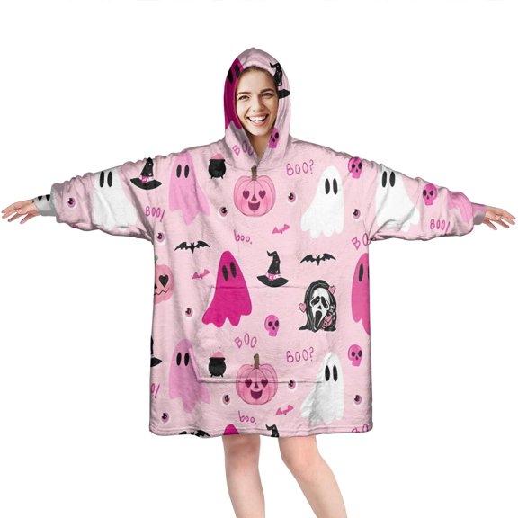 Wearable Oversized Blanket,Halloween Pink Ghosts and Witchy Elements Wearable Blanket Hoodie for Adults,Cozy Hooded Blankets with Super Pockets,Super Warm Fuzzy Pullover for Women & Men
