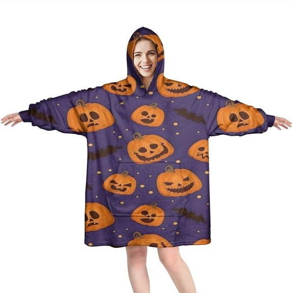 Wearable Oversized Blanket,Halloween Pumpkin Bat Pattern Wearable Blanket Hoodie for Adults,Cozy Hooded Blankets with Super Pockets,Super Warm Fuzzy Pullover for Women & Men