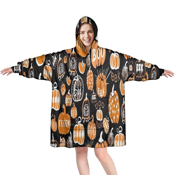 Wearable Oversized Blanket,Halloween Pumpkin Doodle Pattern Wearable Blanket Hoodie for Adults,Cozy Hooded Blankets with Super Pockets,Super Warm Fuzzy Pullover for Women & Men