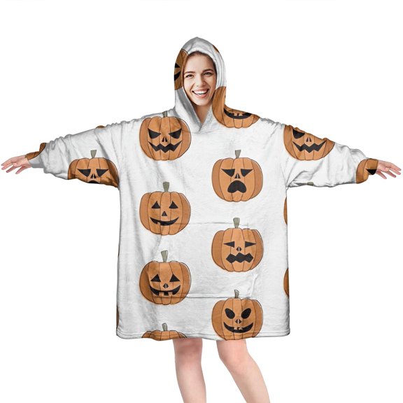 Wearable Oversized Blanket,Halloween Pumpkin Grid Pattern Wearable Blanket Hoodie for Adults,Cozy Hooded Blankets with Super Pockets,Super Warm Fuzzy Pullover for Women & Men