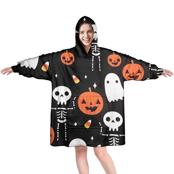 Wearable Oversized Blanket,Halloween Pumpkin Skull Pattern Wearable Blanket Hoodie for Adults,Cozy Hooded Blankets with Super Pockets,Super Warm Fuzzy Pullover for Women & Men