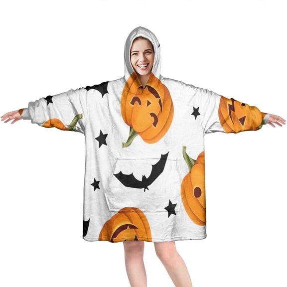 Wearable Oversized Blanket,Halloween Pumpkins Bats and Stars Wearable Blanket Hoodie for Adults,Cozy Hooded Blankets with Super Pockets,Super Warm Fuzzy Pullover for Women & Men
