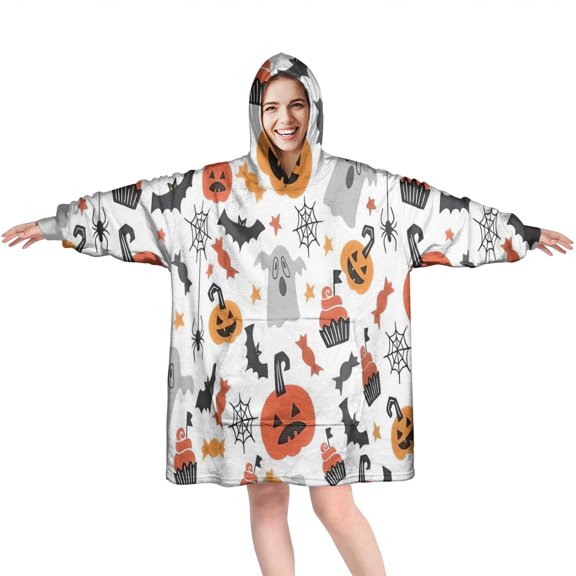 Wearable Oversized Blanket,Halloween Pumpkins Ghosts Bats and Cupcakes Wearable Blanket Hoodie for Adults,Cozy Hooded Blankets with Super Pockets,Super Warm Fuzzy Pullover for Women & Men