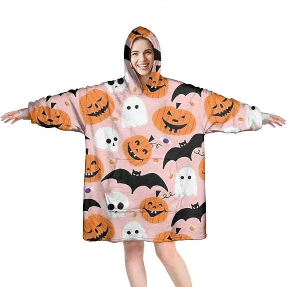 Wearable Oversized Blanket,Halloween Pumpkins Ghosts Skulls and Bats Wearable Blanket Hoodie for Adults,Cozy Hooded Blankets with Super Pockets,Super Warm Fuzzy Pullover for Women & Men