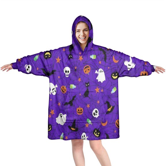 Wearable Oversized Blanket,Halloween Purple Spider Web Pattern Wearable Blanket Hoodie for Adults,Cozy Hooded Blankets with Super Pockets,Super Warm Fuzzy Pullover for Women & Men
