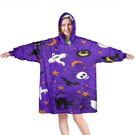 Wearable Oversized Blanket,Halloween Purple Spider Web Pattern Wearable Blanket Hoodie for Adults,Cozy Hooded Blankets with Super Pockets,Super Warm Fuzzy Pullover for Women & Men