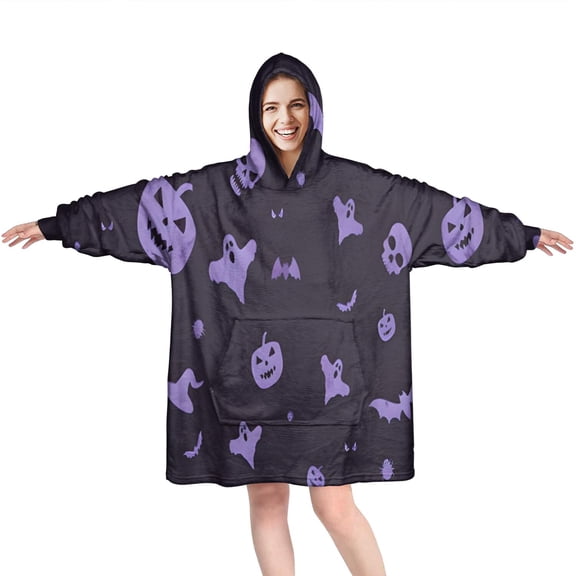 Wearable Oversized Blanket,Halloween Purple Spooky Icons Wearable Blanket Hoodie for Adults,Cozy Hooded Blankets with Super Pockets,Super Warm Fuzzy Pullover for Women & Men