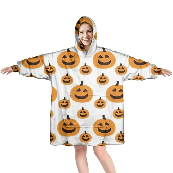 Wearable Oversized Blanket,Halloween Simple Pumpkin Pattern Wearable Blanket Hoodie for Adults,Cozy Hooded Blankets with Super Pockets,Super Warm Fuzzy Pullover for Women & Men