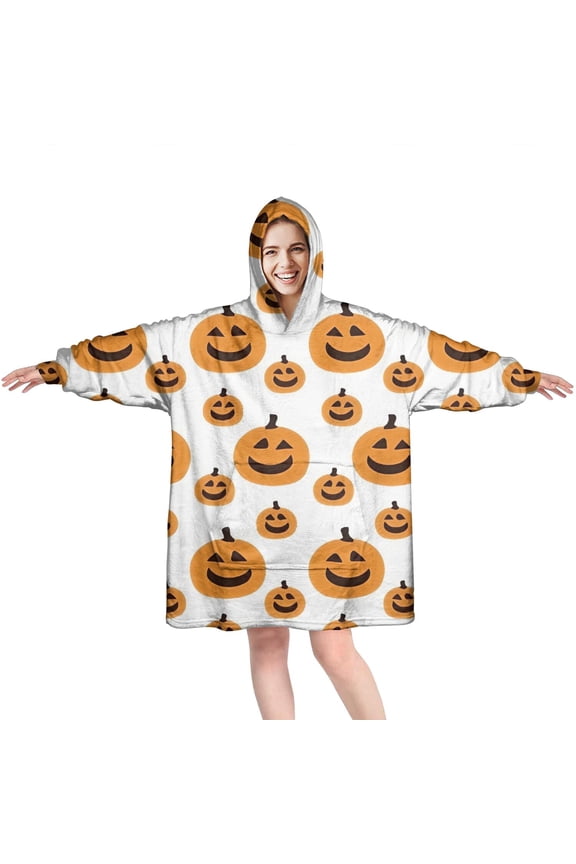 Wearable Oversized Blanket,Halloween Simple Pumpkin Pattern Wearable Blanket Hoodie for Adults,Cozy Hooded Blankets with Super Pockets,Super Warm Fuzzy Pullover for Women & Men