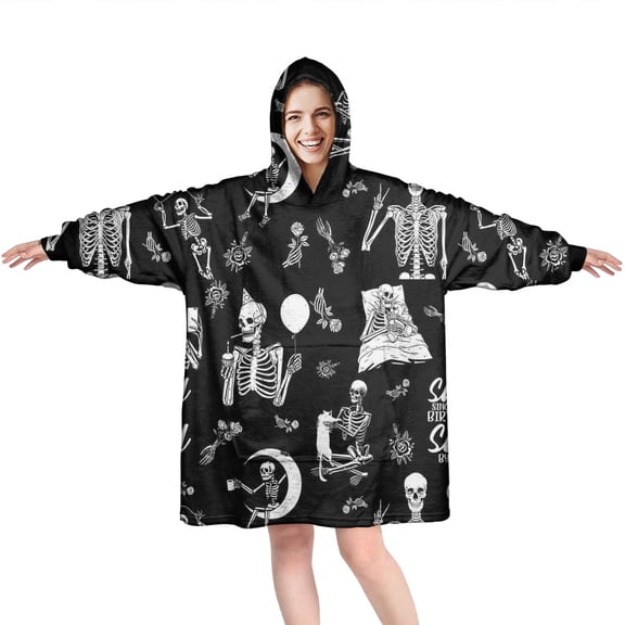 Wearable Oversized Blanket,Halloween Skeleton Fun Pattern Wearable Blanket Hoodie for Adults,Cozy Hooded Blankets with Super Pockets,Super Warm Fuzzy Pullover for Women & Men