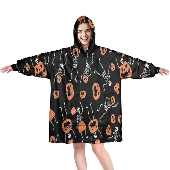 Wearable Oversized Blanket,Halloween Skeletons and Pumpkins Wearable Blanket Hoodie for Adults,Cozy Hooded Blankets with Super Pockets,Super Warm Fuzzy Pullover for Women & Men
