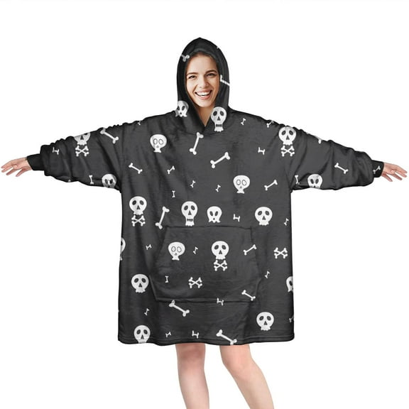 Wearable Oversized Blanket,Halloween Skull and Bone Pattern Wearable Blanket Hoodie for Adults,Cozy Hooded Blankets with Super Pockets,Super Warm Fuzzy Pullover for Women & Men