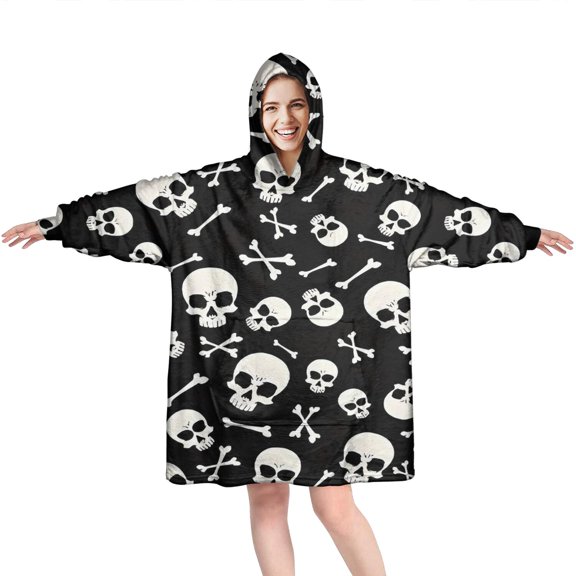 Wearable Oversized Blanket,Halloween Skull Crossbones Pattern Wearable Blanket Hoodie for Adults,Cozy Hooded Blankets with Super Pockets,Super Warm Fuzzy Pullover for Women & Men