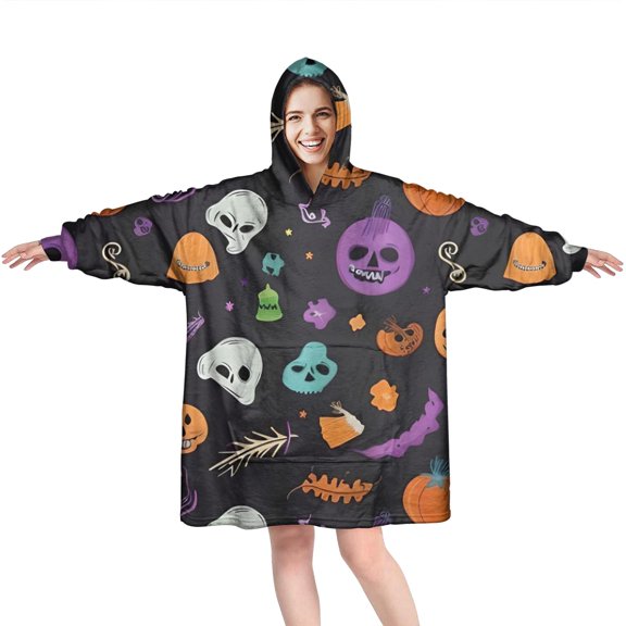 Wearable Oversized Blanket,Halloween Skull Pumpkin Pattern Wearable Blanket Hoodie for Adults,Cozy Hooded Blankets with Super Pockets,Super Warm Fuzzy Pullover for Women & Men