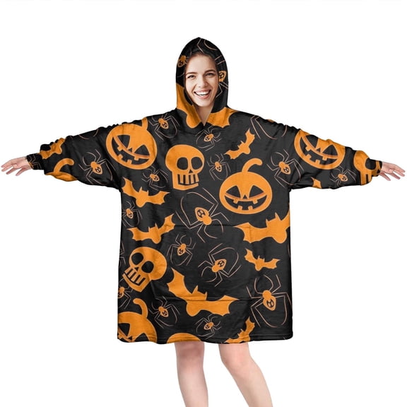 Wearable Oversized Blanket,Halloween Spider Bat Pattern Wearable Blanket Hoodie for Adults,Cozy Hooded Blankets with Super Pockets,Super Warm Fuzzy Pullover for Women & Men