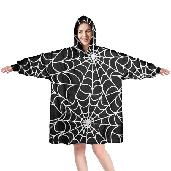Wearable Oversized Blanket,Halloween Spider Web Pattern Wearable Blanket Hoodie for Adults,Cozy Hooded Blankets with Super Pockets,Super Warm Fuzzy Pullover for Women & Men