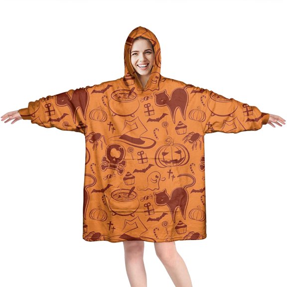 Wearable Oversized Blanket,Halloween Spooky Icons Pattern Wearable Blanket Hoodie for Adults,Cozy Hooded Blankets with Super Pockets,Super Warm Fuzzy Pullover for Women & Men