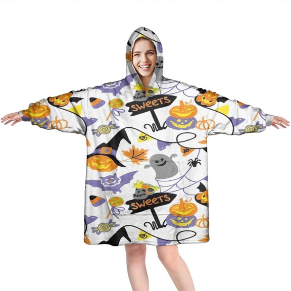 Wearable Oversized Blanket,Halloween Sweets and Witchy Elements Wearable Blanket Hoodie for Adults,Cozy Hooded Blankets with Super Pockets,Super Warm Fuzzy Pullover for Women & Men