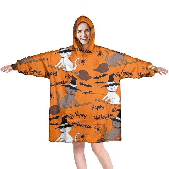 Wearable Oversized Blanket,Halloween Witch Cats on Brooms Pattern Wearable Blanket Hoodie for Adults,Cozy Hooded Blankets with Super Pockets,Super Warm Fuzzy Pullover for Women & Men