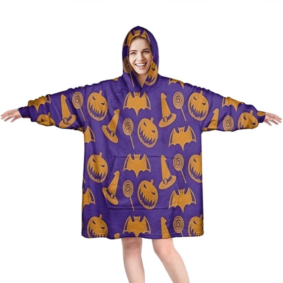 Wearable Oversized Blanket,Halloween Witch Hats Bats and Pumpkins Wearable Blanket Hoodie for Adults,Cozy Hooded Blankets with Super Pockets,Super Warm Fuzzy Pullover for Women & Men