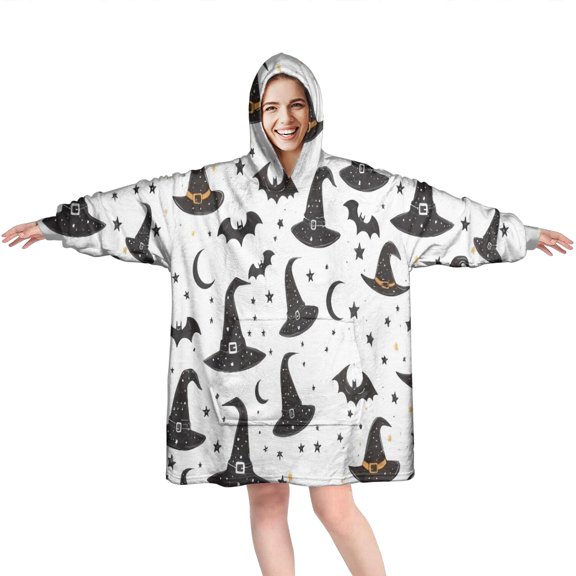 Wearable Oversized Blanket,Halloween Witch Hats and Bats Wearable Blanket Hoodie for Adults,Cozy Hooded Blankets with Super Pockets,Super Warm Fuzzy Pullover for Women & Men
