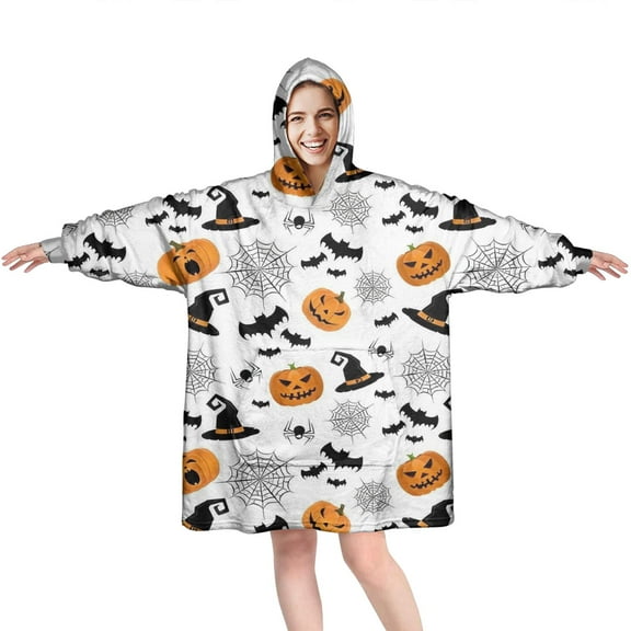 Wearable Oversized Blanket,Halloween Witch Hats Pumpkins and Spider Webs Wearable Blanket Hoodie for Adults,Cozy Hooded Blankets with Super Pockets,Super Warm Fuzzy Pullover for Women & Men