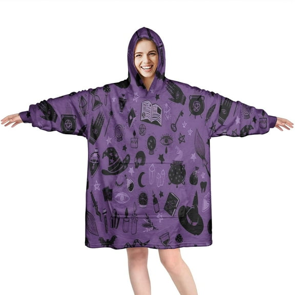 Wearable Oversized Blanket,Halloween Witchy Elements Pattern Wearable Blanket Hoodie for Adults,Cozy Hooded Blankets with Super Pockets,Super Warm Fuzzy Pullover for Women & Men