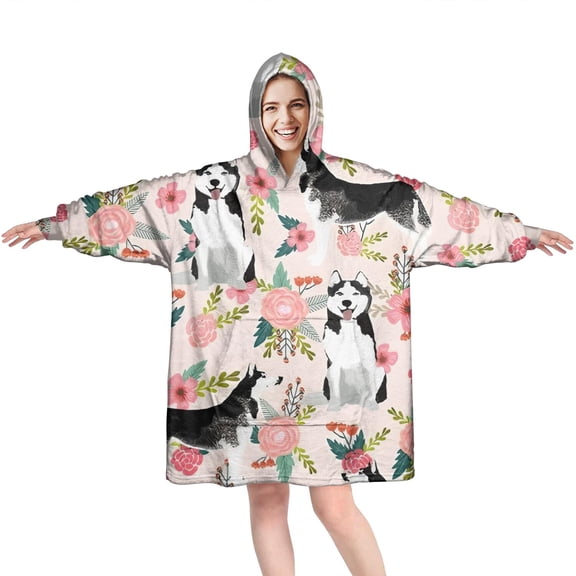 Wearable Oversized Blanket,Husky and Pink Pioneer Flower Wearable Blanket Hoodie for Adults,Cozy Hooded Blankets with Super Pockets,Super Warm Fuzzy Pullover for Women & Men