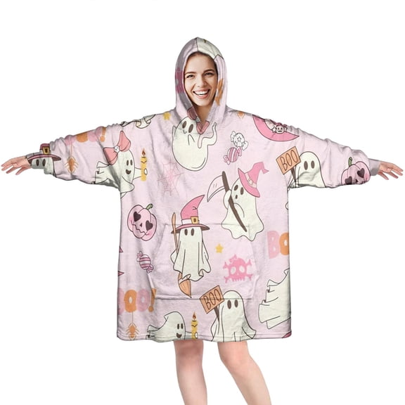 Wearable Oversized Blanket,Kawaii Halloween Ghost Pattern Wearable Blanket Hoodie for Adults,Cozy Hooded Blankets with Super Pockets,Super Warm Fuzzy Pullover for Women & Men