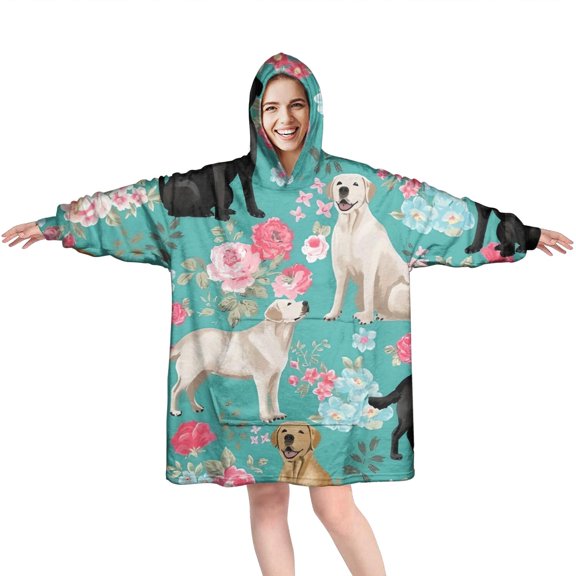 Wearable Oversized Blanket,Labrador Dogs with Pioneer Flower Wearable Blanket Hoodie for Adults,Cozy Hooded Blankets with Super Pockets,Super Warm Fuzzy Pullover for Women & Men