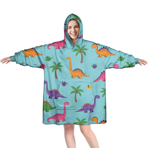 Wearable Oversized Blanket,Light Blue Dinosaur Palm Pattern Wearable Blanket Hoodie for Adults,Cozy Hooded Blankets with Super Pockets,Super Warm Fuzzy Pullover for Women & Men
