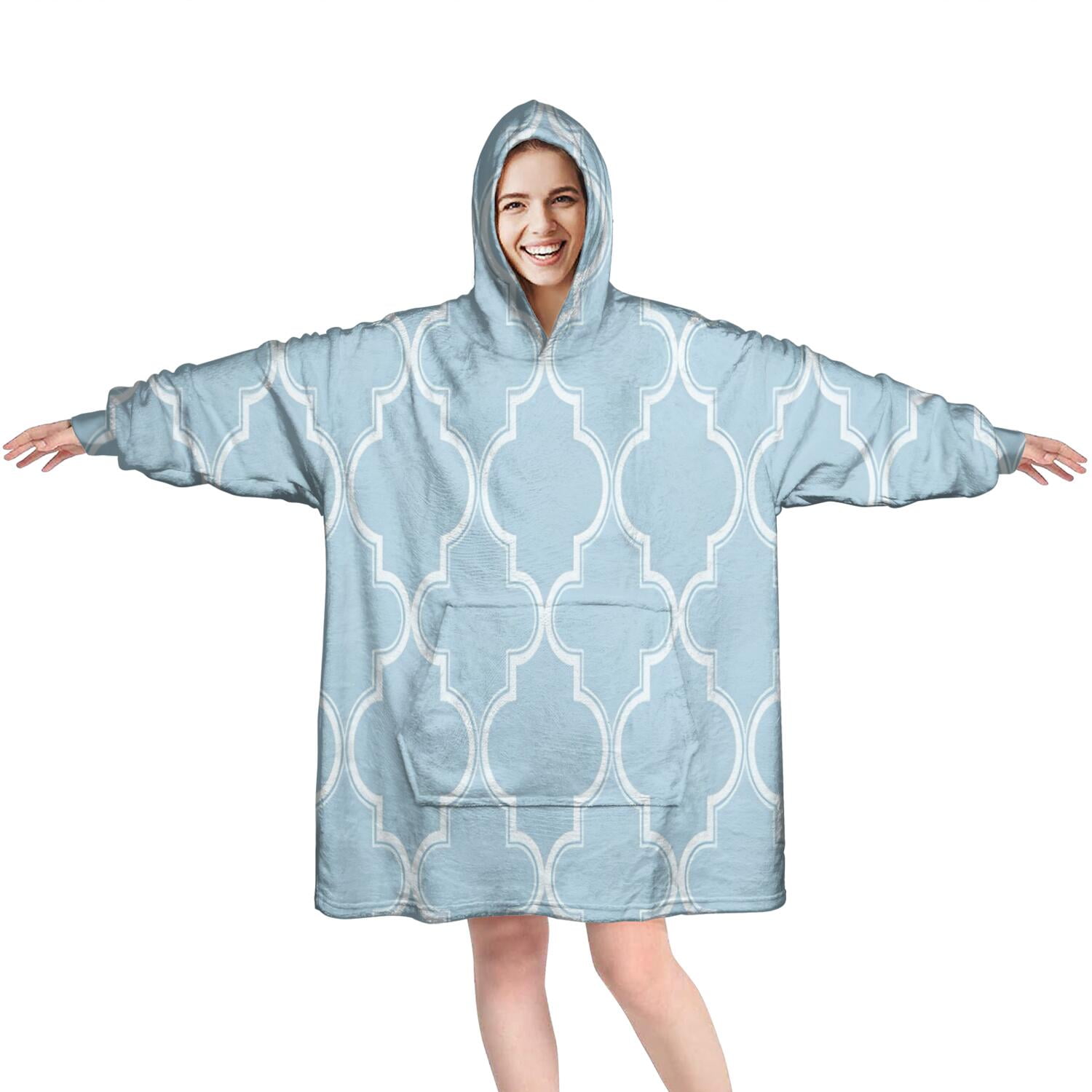 Wearable Oversized Blanket,Light Blue Geometric Quatrefoil Pattern Wearable Blanket Hoodie for Adults,Cozy Hooded Blankets with Super Pockets,Super Warm Fuzzy Pullover for Women & Men