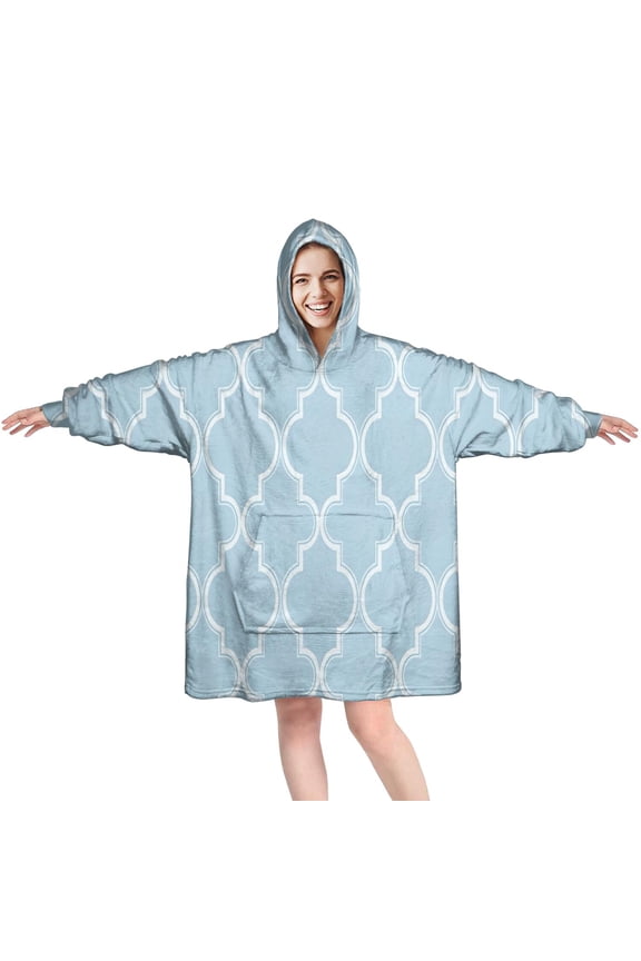 Wearable Oversized Blanket,Light Blue Geometric Quatrefoil Pattern Wearable Blanket Hoodie for Adults,Cozy Hooded Blankets with Super Pockets,Super Warm Fuzzy Pullover for Women & Men